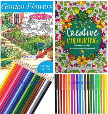2 X ADULT COLOURING BOOK BOOKS SET CREATIVE /GARDEN + 18 PENCILS + 16 FELT PENS - Image 1 of 4