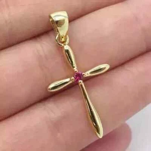 Women Cross Pendant 14K Yellow Gold Plated 18" 0.8Ct Round Lab Created Pink Ruby - Picture 1 of 5