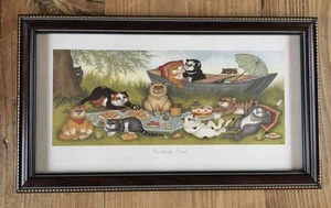 Framed Riverside Picnic Cat Art Print Picture. Signed LJS Linda Jane Smith - Picture 1 of 8