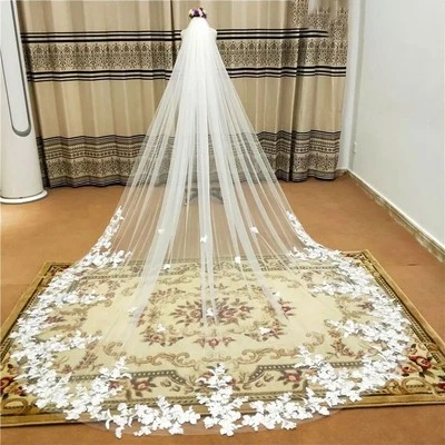 Velos de boda apliques de encaje longitud catedral con peine velos de novia de 1 nivel Foto 1 de 4