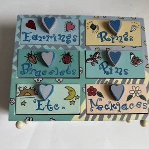 Vintage 1990’s Wooden Kids Jewelry Box With Six Drawers Painted Butterflies - Picture 1 of 5