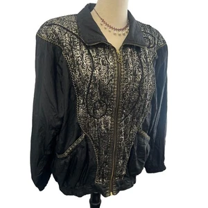 Vintage Galleria Damen Windbreaker Jacke XL 80er 90er Schwarz Gold Nylon Retro - Bild 1 von 17