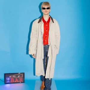 90's Vintage BL classic oversized leather collar detective trench coat in beige - Picture 1 of 6