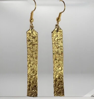 Gold Tone Flat Pressed Nugget Drop Dangle Shiny Rectangular Pierced Earrings - Image 1 of 4