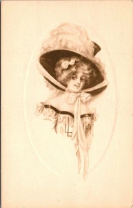 ARTIST ILLUSTRATION - WOMAN IN LARGE HAT - VINTAGE EMBOSSED POSTCARD - Picture 1 of 2