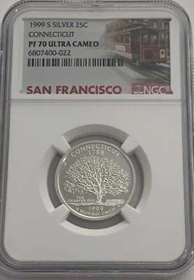 1999 S Proof Silver Connecticut Quarter NGC PF70 Ultra Cameo 25c Trolley - Image 1 of 3