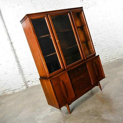 Mid-Century Modern 1 Piece Walnut Veneer China Hutch Attributed to Garrison Furn Cover