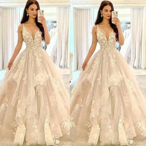 V Neck Lace Wedding Dresses A Line Spaghetti Appliques Ruffles Tulle Bridal Gown - Picture 1 of 9