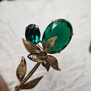 Vintage Austria filigrane Blumen Floral Brosche Anstecknadel facettiert grün - Bild 1 von 9