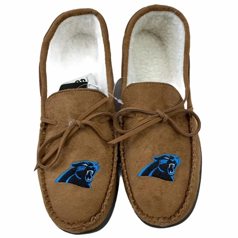 NFL Carolina Panthers Mens Embroidered Logo Tan Moccasin Slippers Small 7/8 Cover