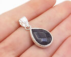 925 Sterling Silver - Faceted Sapphire Shiny Etched Tear Drop Pendant - PT3122
