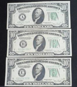 Lot of 3 1934 D $10 Federal Reserve Notes Boston, New York,Richmond UNC to About - Picture 1 of 5