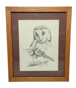 Arte animal Leon Parson impresión litográfica búho vida silvestre años 80 arte lápiz marco de roble - Imagen 1 de 5