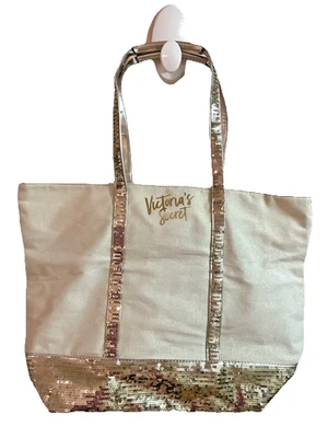 New Victoria Secret Sequin  Tote Bag Champagne Gold Zip Closure Sparkle Bling - Image 1 of 4