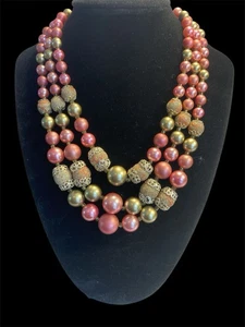 Japan Faux Pearl Bead Necklace Multi Strand Pinks Gold Tones Mid Century Vintage - Picture 1 of 4
