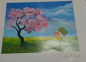 Original Print Artwork By D. Najar Landscape Barn Pink Tree - Picture 1 of 7