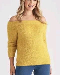 Womens Fluffy Mustard Jumper Sz XXL 18 Pullover Sweater Off The Shoulder - Picture 1 of 4