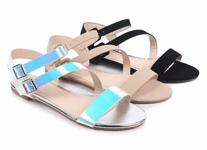 Bambus Riemchen Gladiator Slingback Kunst-Nubuk Sandalen flache Damenschuhe - Bild 1 von 21