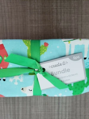  5 pc Christmas Fabric Bundle Fat Quarters FQ 18"x21" Holiday Llama Create It - Image 1 of 3