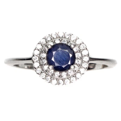925 Sterling Silver Diffused Round Blue Sapphire 5mm Simulated Cz Ring Size 7 - Image 1 of 4