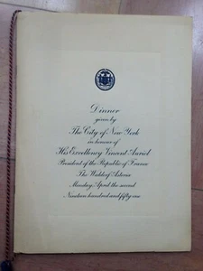 1951 MENU -Dinner Given By the City of NEW YORK in Honour of VINCENT AURIOL - Picture 1 of 10