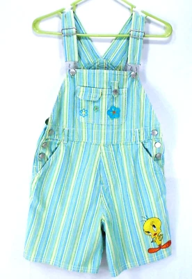 Looney Tunes Tweety Bird Green Blue Yellow Stripe Shortalls Overall Shorts 12 - Image 1 of 4