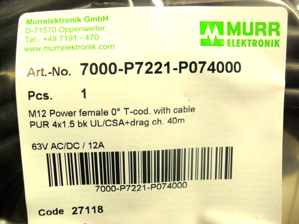 Murrelektronik 7000-P7221-P 7000-P7221-P074000 - 40M de comprimento - Bgs selados de fábrica - Imagem 1 de 4