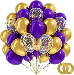 Purple and Gold Balloons, 60Pcs 12 Inch Purple Metallic Chrome Gold and Confetti - Picture 1 of 7