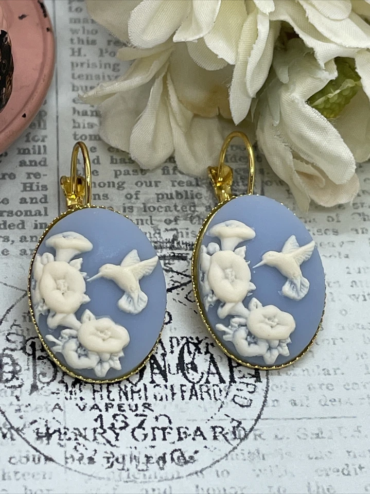 Pendientes camafeo cumpleaños azul crema colibrí dorado boda ajuste aniversario Foto 1 de 4