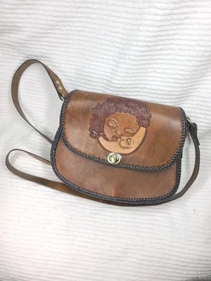 Vtg 1970s Tooled Purse Sun Moon Aqua Velvet Shoulder Bag Genuine Leather & Vinyl - Image 1 of 4