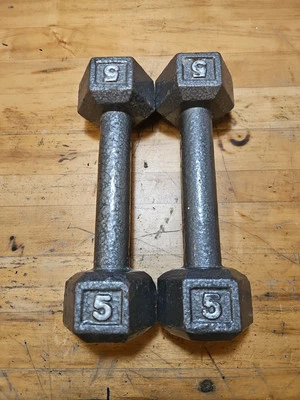 Vintage Cast Iron 5 LB Hexagon Dumbbells  10 LB Total Pair - Image 1 of 3