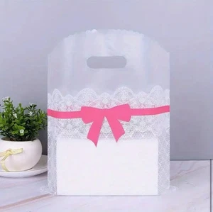 25PCS 6”x8” White Chantilly Lace Pink Bow Bags Thank Party Retail Business Lot - Picture 1 of 8