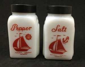 McKee Red Sailboat Salt & Pepper Shaker Set Art Deco Milk Glass Black 2 "S" Lids - Picture 1 of 12