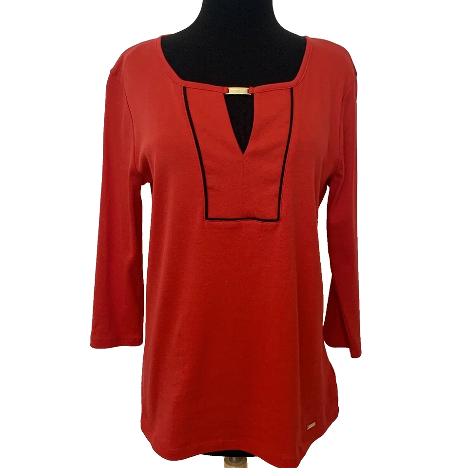 Top túnica Ellen Tracy talla LG rojo manga 3/4 blusa con escote ojo de cerradura algodón Foto 1 de 4