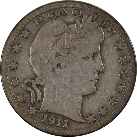 1911 D Barber Quarter F Fine 90% Silver 25c US Type Coin SKU:I3735 Cover