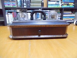 Antique Veneered Tunbridge ware Inkwell stand desk tidy writing box with handle
