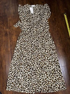 Sienna Sky Leopard Print V-Neck Midi Dress with Frill Sleeves & Pockets 127D1 - Picture 1 of 6