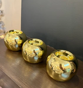 VTG Gold Metallic Ball Ornament Candle Holders Set of 3 Christmas Decor Tea Lite - Picture 1 of 5