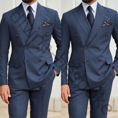 Trajes de hombre azul marino a rayas solapa pico doble pecho boda novio esmoquin Foto 1 de 4
