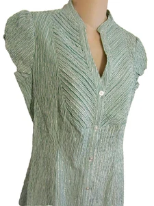 NUEVO SIN ETIQUETAS BLUSA TOP MEZCLA ALGODÓN MANGA GORRA FRONTAL BOTÓN RAYAS VERDE CARAMELO M - Imagen 1 de 13