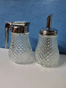 Vintage Clear Diamond Point Cut Glass Creamer & Sugar Set Hobnail 4oz Dispensers - Picture 1 of 16