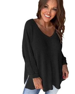 Black Waffle Knit Side Slits Loose Fit V Neck Top - S - Picture 1 of 10