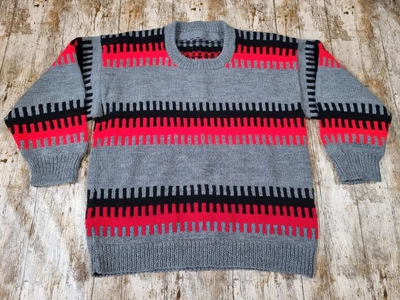 Men’s Handknitted Handmade Jumper Grey Black Red Geometric Funky Pattern FAB - Image 1 of 4