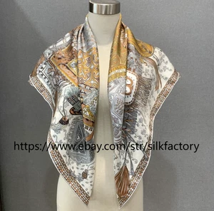 Pure 18 Momme Twill Silk Wrap 90X90cm Scarf Shawl Double Face Equestrian Print - Picture 1 of 7