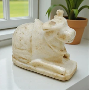 Vintage White Marble Holy Cow Nandi Figurine Original Old Fine Hand Carved - Picture 1 of 7