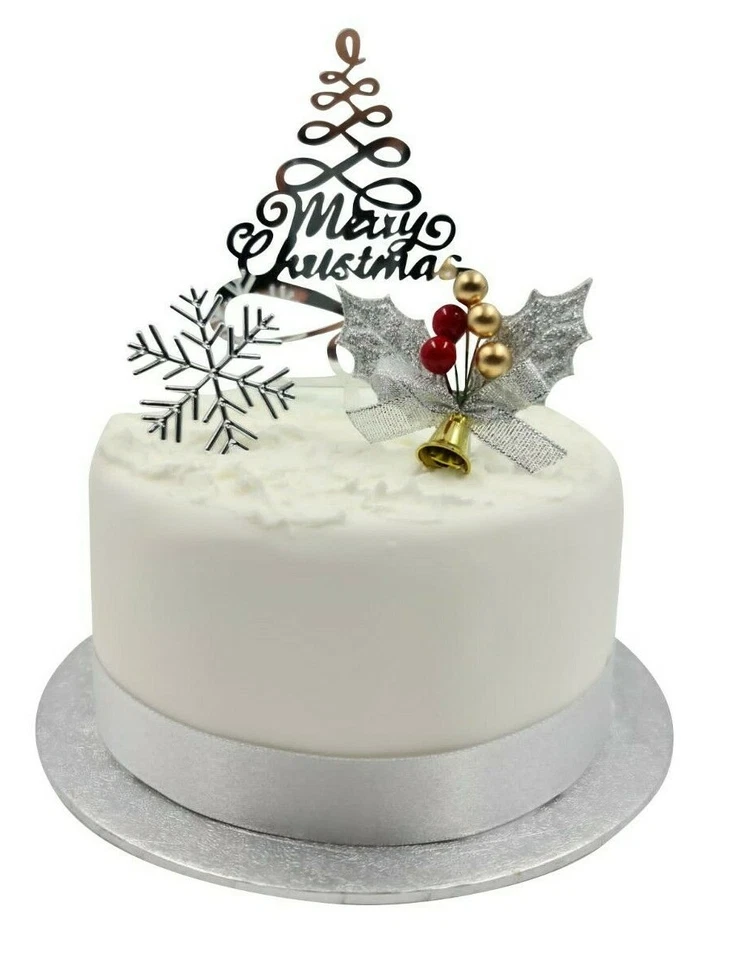 EVELAY LTD 3 piece SET SILVER HOLLY Merry Christmas Cake Decorations log cupcake toppers