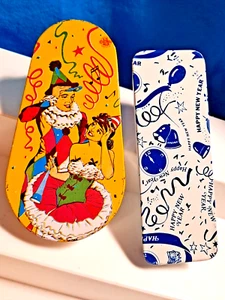 2 Vintage Party Noisemakers Tin Lithographs Jester & Happy New Year Made in USA - Picture 1 of 12
