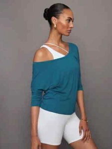 Carbon38 Tee Shirt Womens XL Deep Blue Off Shoulder Cotton Top USA Made Casual - Picture 1 of 11