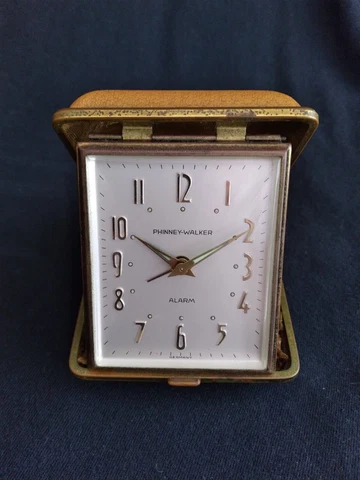 Vintage PHINNEY WALKER Wind-up Travel Alarm Clock w/ Folding Leather Case Cover