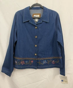Camicia giacca denim Koret City blues vintage nuova con etichette donna taglia L ricamata floreale - Foto 1 di 11